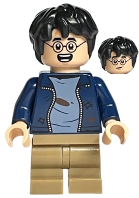 Harry Potter - Dark Blue Open Jacket over Sand Blue Shirt with Dirt Stains, Dark Tan Medium Legs, Lopsided Grin / Open Mouth Smile with Teeth Parted