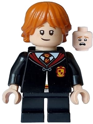 Ron Weasley - Gryffindor Robe Clasped, Sweater, Shirt and Tie, Black Short Legs, Lopsided Grin / Scared Open Mouth with Top Teeth