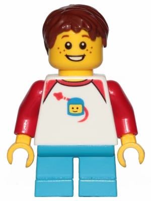 Boy, Freckles, Classic Space Shirt with Red Sleeves, Dark Azure Short Legs, Reddish Brown Hair Short Tousled with Side Part