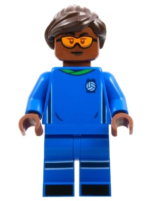 Soccer Player, Female, Blue Uniform, Reddish Brown Skin, Dark Brown Hair, Orange Goggles