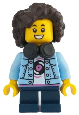 Child - Girl, Bright Light Blue Denim Jacket over Shirt with Record, Dark Blue Short Legs, Dark Brown Short Hair with Curls and Corn Rows, Black Headphones