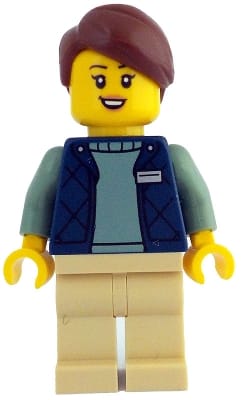 Botanical Garden Manager - Female, Dark Blue Bodywarmer over Sand Green Sweater, Tan Legs, Reddish Brown Hair