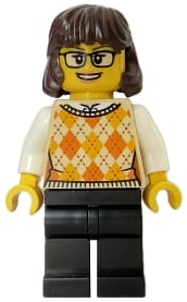 Woman - Tan Knit Argyle Sweater Vest, Black Legs, Dark Brown Hair, Glasses