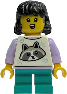 Child - Girl, White Top with Raccoon, Dark Turquoise Short Legs, Black Midlength Hair, Hearing Aid