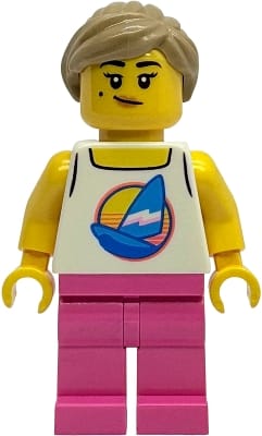 Diving Shop Owner - Female, White Tank Top with Dark Azure Sailboat, Dark Pink Legs, Dark Tan Hair with Pony Tail