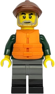Fisher - Dark Green Open Jacket, Dark Bluish Gray Legs with Black Boots, Reddish Brown Flat Cap, Orange Life Jacket