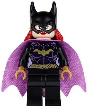 Source: BrickLink Batgirl - Minifigure, Black Suit, Lavender Cape