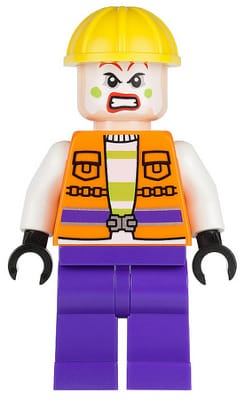 Source: BrickLink Joker's Goon - Construction Outfit, Orange Jacket, Yellow Helmet, Purple Legs