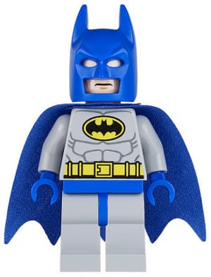 Source: BrickLink Batman - Light Bluish Gray Suit with Yellow Belt and Crest, Blue Mask and Cape