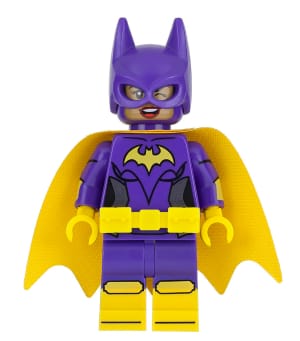 Batgirl - Minifigure, Dark Purple Suit, Yellow Cape, Wink and Open Mouth Smile / Angry