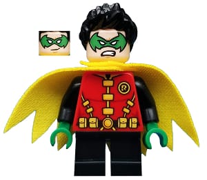 Source: BrickLink Robin - Green Mask and Hands, Black Short Legs, Yellow Scalloped Cape