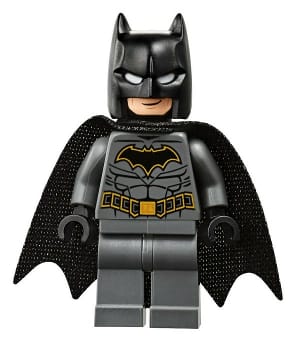 Source: BrickLink Batman - Dark Bluish Gray Suit with Gold Outline Belt and Crest, Mask and Cape (Type 3 Cowl, Teardrop Neck Cut Spongy Cape)