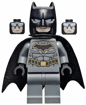 Source: BrickLink Batman - Dark Bluish Gray Suit with Gold Outline Belt and Crest, Mask and Cape (Type 3 Cowl, Spongy Cape)