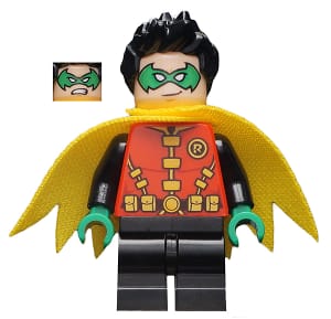 Source: BrickLink Robin - Green Mask and Hands, Black Medium Legs, Yellow Scalloped Cape
