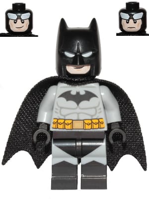 Source: BrickLink Batman - Light Bluish Gray Suit with Yellow Belt, Black Crest, Mask and Cape (Type 3 Cowl)