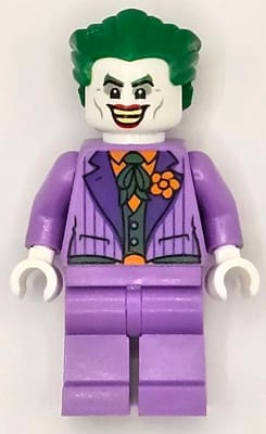Source: BrickLink The Joker - Medium Lavender Suit, Dark Green Vest, Green Hair Swept Back