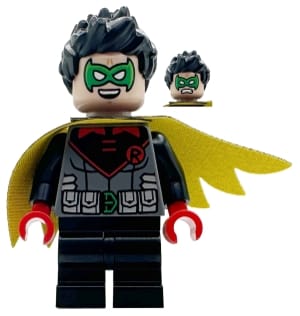 Source: BrickLink Robin - Green Mask, Red Hands, Black Medium Legs, Scalloped Asymmetrical Cape Black and Yellow Sides