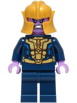 Thanos - Minifigure, Dark Blue and Gold Outfit, Dark Blue Arms, Medium Lavender Hands, Helmet