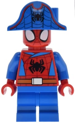 Source: BrickLink Spider-Man (Peter 'Spidey' Parker) - Medium Legs, Black Spider Logo, Dark Orange Belt, Pirate Hat
