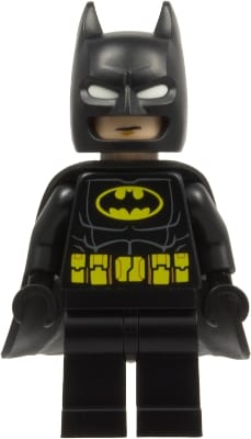 Source: BrickLink Batman - Black Suit, Yellow Belt with Medium Nougat Details, Cowl with White Eyes, Flexible Rubber Cape