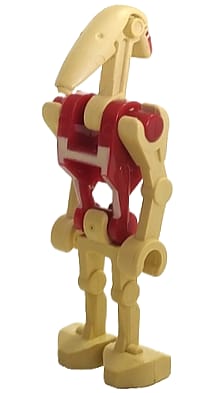 Source: BrickLink Security Battle Droid - Dark Red Torso with Tan Insignia, Angled Arms