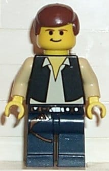 Source: BrickLink Han Solo - Yellow Head, Black Vest over Tan Shirt, Dark Blue Legs with Belts