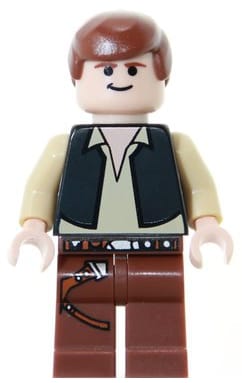 Source: BrickLink Han Solo - Black Vest over Tan Shirt, Reddish Brown Legs with Belts, Black Eyes