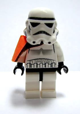 Sandtrooper - Orange Pauldron (Solid), No Survival Backpack, No Dirt Stains, Helmet with Dotted Mouth Pattern and Solid Black Head