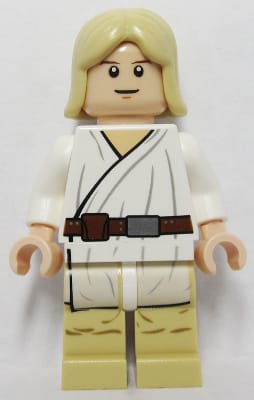 Source: BrickLink Luke Skywalker - Tatooine, Light Nougat, Long Hair, White Tunic, Tan Legs, White Glints