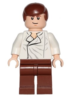 Source: BrickLink Han Solo - White Shirt with Wrinkles on Front, Reddish Brown Legs, Lopsided Grin