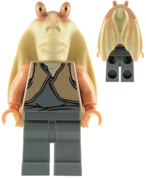 Source: BrickLink Jar Jar Binks - Dark Tan Torso, Printed Head with Dark Tan Top, Dark Bluish Gray Legs