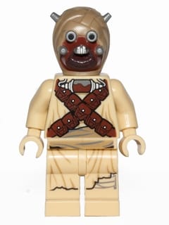 Source: BrickLink Tusken Raider - Dark Tan Head with Spikes, Crossed Belts, Printed Legs