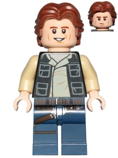 Han Solo - Black Vest with Pockets over Tan Shirt with Dark Tan Creases, Dark Blue Legs with Belts, Wavy Hair
