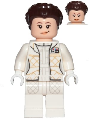 Source: BrickLink Princess Leia - Hoth Outfit, White Jacket, Lopsided Grin / Angry Frown