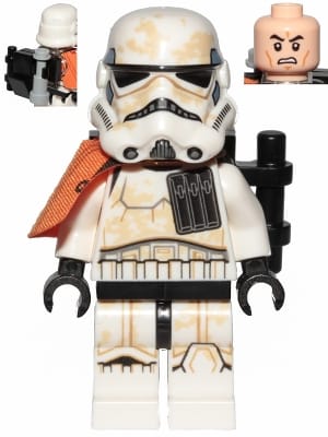 Source: BrickLink Sandtrooper Squad Leader (Captain) - Orange Pauldron, Ammo Pouch, Dirt Stains, Survival Backpack