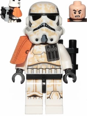 Source: BrickLink Sandtrooper Squad Leader (Captain) - Dual Molded Helmet, Orange Pauldron, Ammo Pouch, Dirt Stains, Survival Backpack