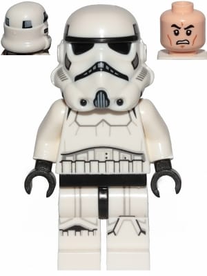 Source: BrickLink Imperial Stormtrooper - Male, Dual Molded Helmet with Light Bluish Gray Panels on Back, Light Nougat Head, Scowl