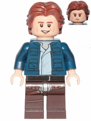Source: BrickLink Han Solo, Dark Brown Legs with Holster Pattern, Dark Blue Jacket, Wavy Hair, Smile / Frown