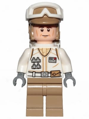 Source: BrickLink Hoth Rebel Trooper White Uniform, Dark Tan Legs, Backpack (Cheek Lines)