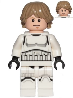 Source: BrickLink Luke Skywalker - Stormtrooper Outfit, Printed Legs, Dark Tan Hair, Smile / Stern