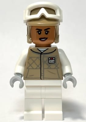 Source: BrickLink Hoth Rebel Trooper Dark Tan Uniform and Helmet, White Legs, Female (Kori Zaran)