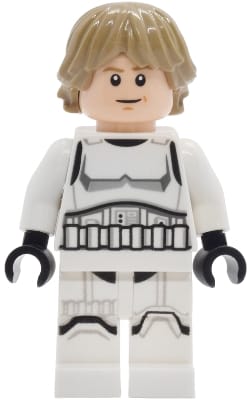Source: BrickLink Luke Skywalker - Stormtrooper Outfit, Printed Legs, Dark Tan Hair, Smile with Crease / Frown