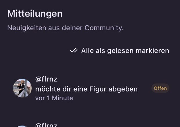 The receiver's notification: flrnz wants to hand you a figure, open